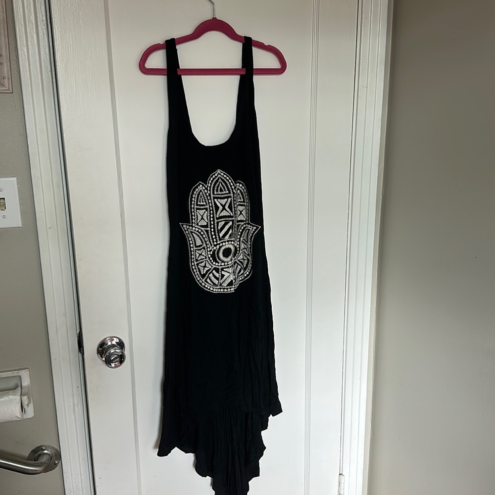 Hi low, low back dress. Embroidered Hamsa Hand design. M